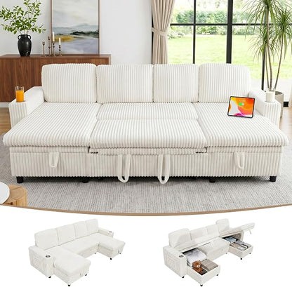Modular Sectional Sleeper Sofa with Pull Out Bed, Plush Corduroy U Shaped Couch with Storage Chaise, USB Ports, Cup Holders, Comfy Sectional Couches for Living Room, Beige