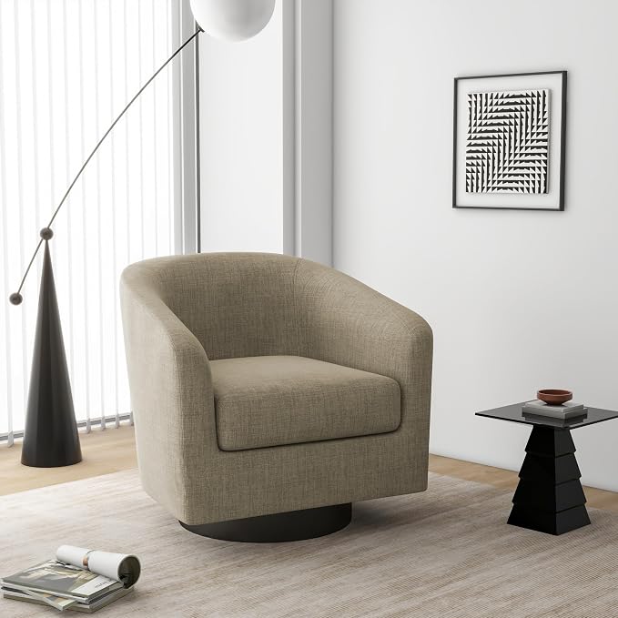 Swivel Barrel Accent Chair, Modern Round Linen Arm Chair for Living Room, Bedroom, Comfy Club Reading Chairs for Adults（Linen Fabric, Light Brown, Set of 2