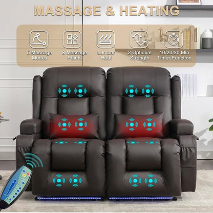 URRED Power Loveseat Recliner Sofa with Massage and Heat, Wall Hugger Reclining Loveseat, RV Couch Home Theater Seating with LED Lights for Living Room (Dark Brown, 54" - 2 Seats)
