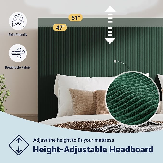 Allewie King Size Upholstered Bed Frame with Vertical Channel Tufted Headboard, Soft Corduroy Fabric Platform Bed, Strong Wooden Slats Support, Easy Assembly, No Box Spring Needed, Dark Green