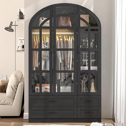 Squireewo 78" Arched Armoire Wardrobe Closet with Motion Sensor LED Light, 3 Windowpane Glass Doors & 4 Drawers, Large Wood Bedroom Storage Cabinet, Clothing Organizer with Hanging Rod, Black