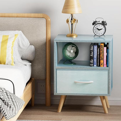 Aenuert Night Stand, Blue Kids Nightstand with Drawer, Nursery Side Table with Open Storage, 2-Tier Modern End Table, Bedside Table for Small Space, Living Room, Bedroom