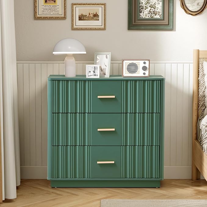 Fluted Dresser for Bedroom with 3 Drawers, 31.5" Wide Modern Chest of Drawers with Curved Profile Design, Wood Closet Clothes Storage Organizer for Living Room, Entryway, Hallway, Green