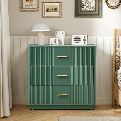 Fluted Dresser for Bedroom with 3 Drawers, 31.5" Wide Modern Chest of Drawers with Curved Profile Design, Wood Closet Clothes Storage Organizer for Living Room, Entryway, Hallway, Green