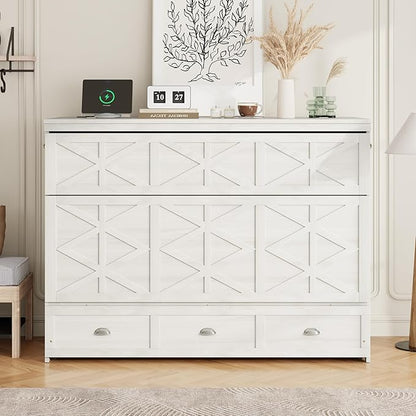 Bellemave Queen Size Murphy Bed, Cabinet Bed with Charging Station and Storage, Farmhouse Murphy Cabinet with Foldable Panel, for Bedroom,Office, Brushed White