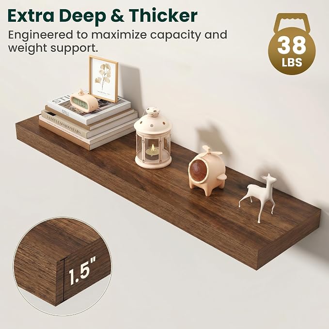 Floating Shelves for Wall, 36 Inch x 8 Inch Deep Wall Mounted Wood Shelf with Invisible Brackets for Storage & Display, Living Room Bedroom Kitchen, Walnut, Set of 2