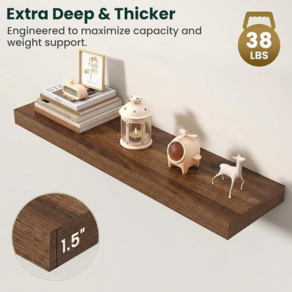 Floating Shelves for Wall, 36 Inch x 8 Inch Deep Wall Mounted Wood Shelf with Invisible Brackets for Storage & Display, Living Room Bedroom Kitchen, Walnut, Set of 2