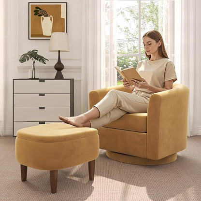 Swivel Accent Chair with Storage Ottoman Set of 2, Modern Velvet Barrel Chair, Upholstered Armchair with Footrest for Living Room/Reading/Bedroom, 25.4'' D x 28.35'' W x 24.4'' H, Yellow