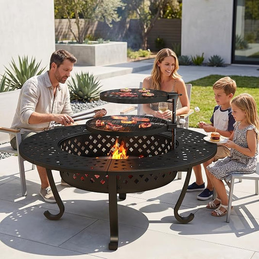 Wisteria Lane 3 in 1 48" Extra Large Fire Pit for Outside Wood Burning with 2 Adjustable Grills, Outdoor Fireplace with Lid and Fire Poker, BBQ & Bonfire & Round Metal Table for Patio, Backyard