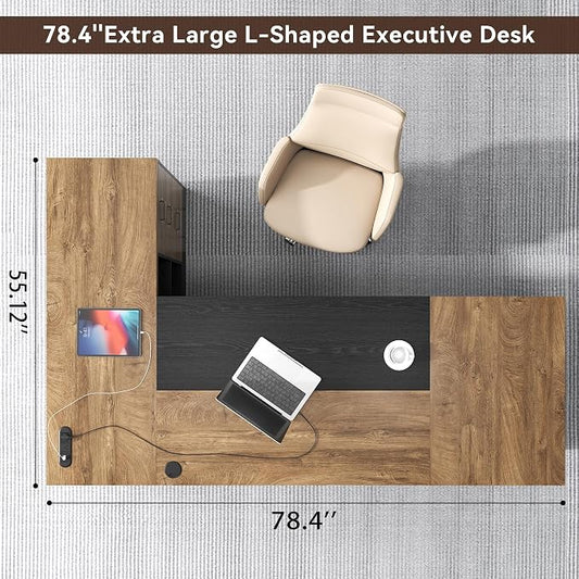 Epecoya L-Shaped Executive Desk with Drawer, Large Modern Home Office Desk with Cord Hold and Power Outlet, Big Wooden Business Furniture with Lateral File Cabinet for CEO Boss, Oak Black