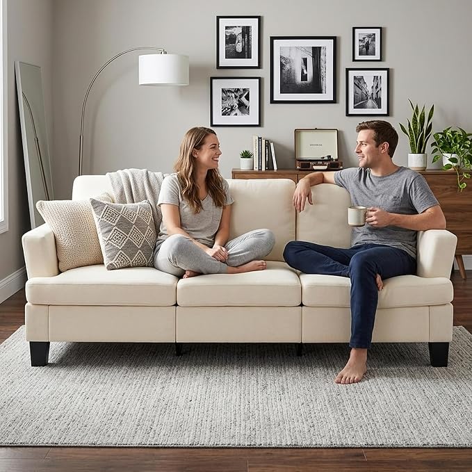 Modern 3 Seater Sofa for Living Room with Soft Deep Seats, Sofa 3 Seater in Linen, Upholstered Apartment Sofa with Armrests, Comfy Cozy Sofas for Bedroom, Linen, Beige