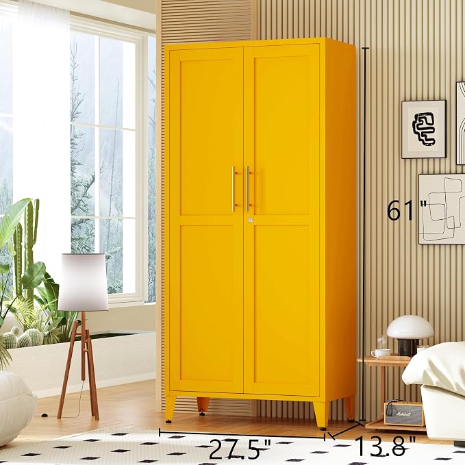 61" Tall Farmhouse Metal Storage Cabinet, Kitchen Pantry Storage Cabinets with 2 Barn Door and 3 Adjustable Shelves, for Home, Office, Kitchen, Laundry Room, Kids Room, Entryway, Yellow