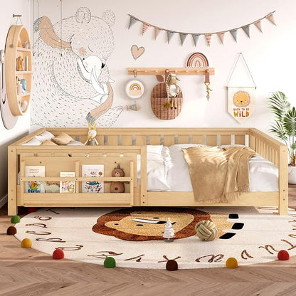 Bellemave Queen Size Montessori Floor Bed with Slats and Fence, Queen Size Montessori Bed with Rails and Bookcase, Easy Assemble Floor Beds Frame,Light Natural