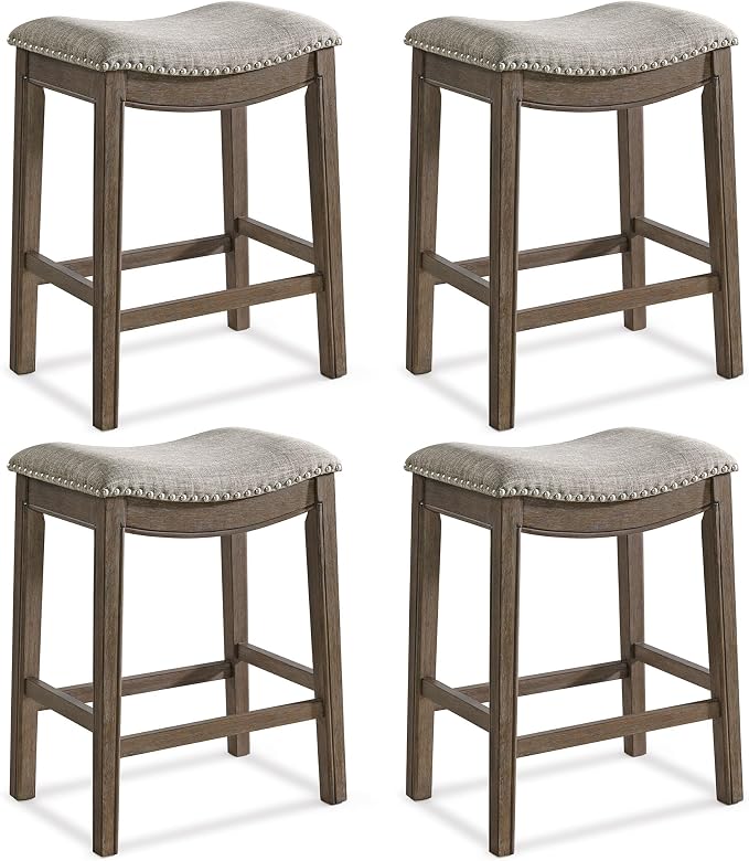ROME + OAK Set of 4 Parker 26 Inch Counter Stool, Backless Saddle Kitchen Barstool in Walnut Finish with Grey Fabric Upholstery Cushion Seat
