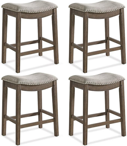 ROME + OAK Set of 4 Parker 26 Inch Counter Stool, Backless Saddle Kitchen Barstool in Walnut Finish with Grey Fabric Upholstery Cushion Seat