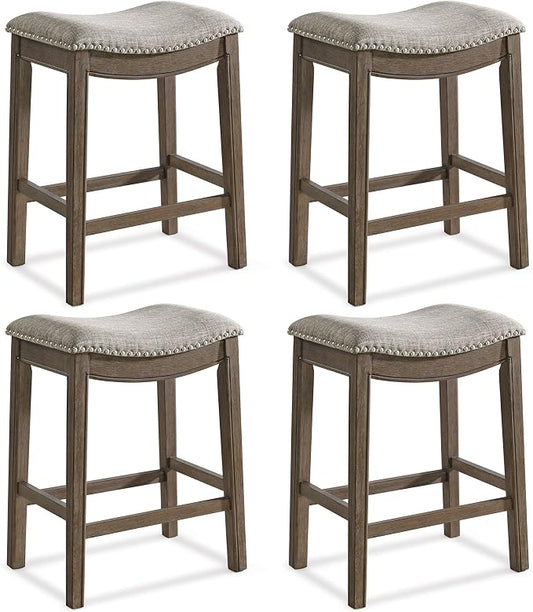ROME + OAK Set of 4 Parker 26 Inch Counter Stool, Backless Saddle Kitchen Barstool in Walnut Finish with Grey Fabric Upholstery Cushion Seat