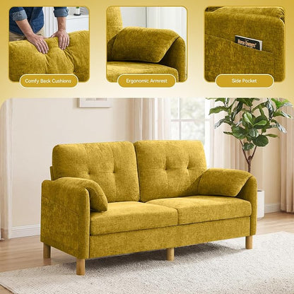 65" Loveseat Sofa, Mid Century Loveseat Couch for Living Room with Storage Pockets, Upholstered Small Loveseat for Small Spaces, Bedroom, Home Office, Apartments, Small Sofa Chenille Yellow