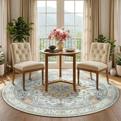 RELEANY Area Rugs Round 5ft Washable Non-Slip, Floral Vintage Distress Medallion Carpet for Living Room Bedroom Dining Room, Beige Carbon Grey Orange
