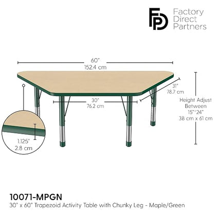 FDP Trapezoid Activity School and Classroom Kids Table (30 x 60 inch), Chunky Toddler Legs for Collaborative Seating Environments, Adjustable Height 15-24 inches - Maple Top and Green Edge