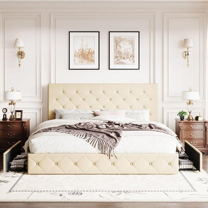 SHA CERLIN Upholstered King Size Platform Bed Frame with 4 Storage Drawers, Adjustable Headboard with Diamond Stitched Button Tufted Design, Wooden Slat Support, No Box Spring Needed, Beige
