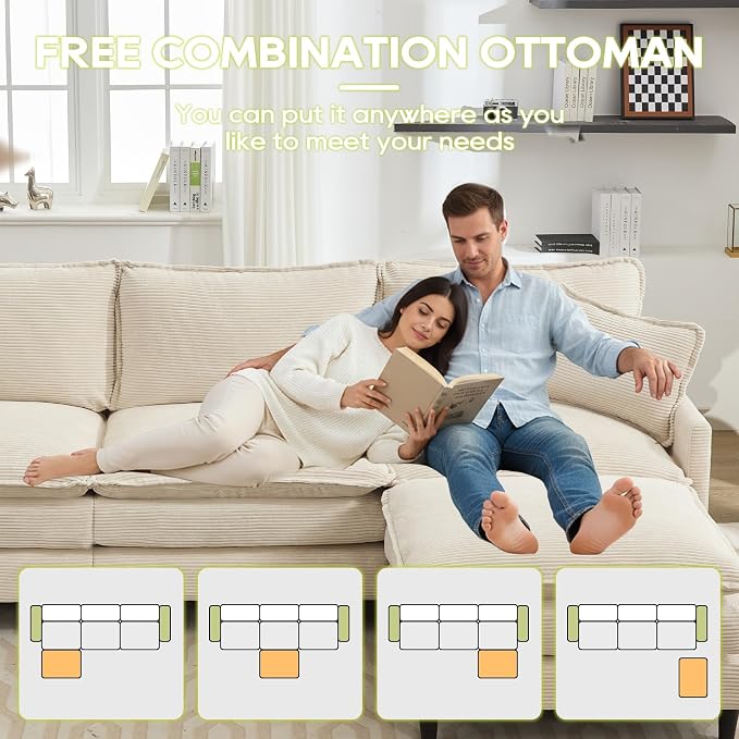 113" Chenille Modular Sectional Sofa, Convertible L Shaped Modular Sofa Comfy Cloud Couch with Ottoman, Side Pockets and 5 Throw Pillows for Living Room (Corduroy White, 113'' - 4 Seat)