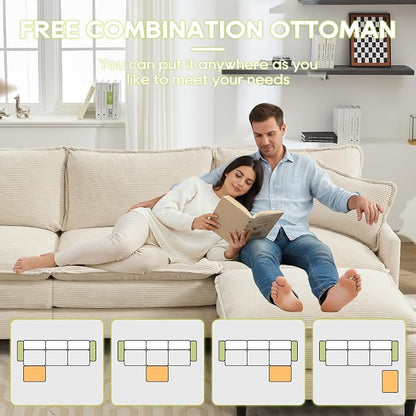 113" Chenille Modular Sectional Sofa, Convertible L Shaped Modular Sofa Comfy Cloud Couch with Ottoman, Side Pockets and 5 Throw Pillows for Living Room (Corduroy White, 113'' - 4 Seat)