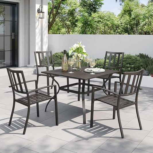 PHI VILLA 5pc Outdoor Table and Chairs,37" Square Table w/Umbrella Hole | Perfect for patio, deck, porch, backyard. Includes 1 black square metal table and 4 stackable wrought iron chairs.