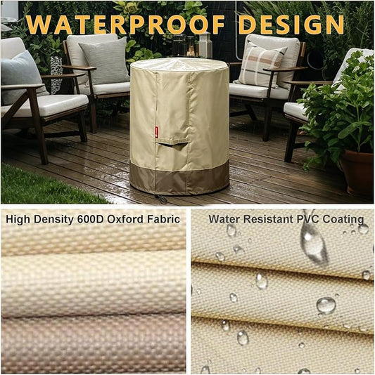 SheeChung Fire Pit Cover Round 24" D x 27" H,Waterproof 600D Material,Beige | PVC Inner Coating,Heavy Duty Outdoor Firepit Cover,Tear & Fade Resistant,Fit 20"-24"Tall Firepit Table,Adjustable Draw-string
