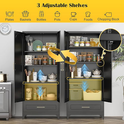 SteeLoong Metal Storage Cabinet with Drawers,75Inch Black Pantry Cabinets for Kitchen Storage with 3 Adjustable Shelves,Tall Kitchen Pantry Cabinet for Living Room, Dining Room，Office