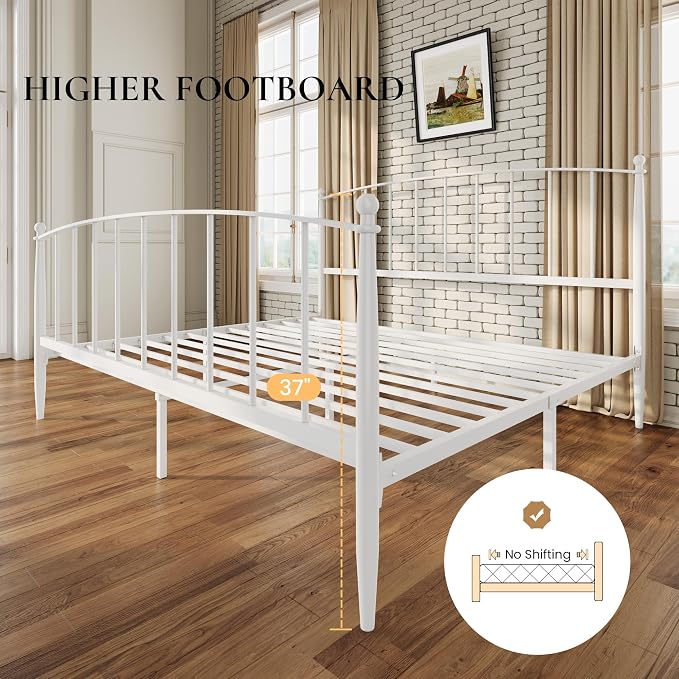 SHA CERLIN King Size Metal Platform Bed Frame with Victorian Style Iron-Art Headboard and Footboard, Easy Assembly, No Box Spring Needed, White