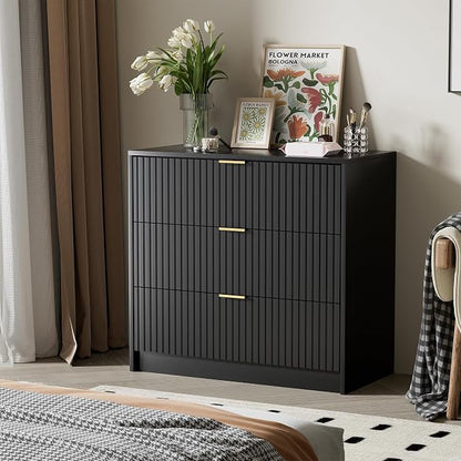 Furniway Black Dresser for Bedroom, Modern Dresser with 3 Drawers and Smooth Slides, Wide Chest of Drawers with Golden Handles for Bedroom, Living Room, Closet, 15.7" D x 31.5" W x 29.6" H