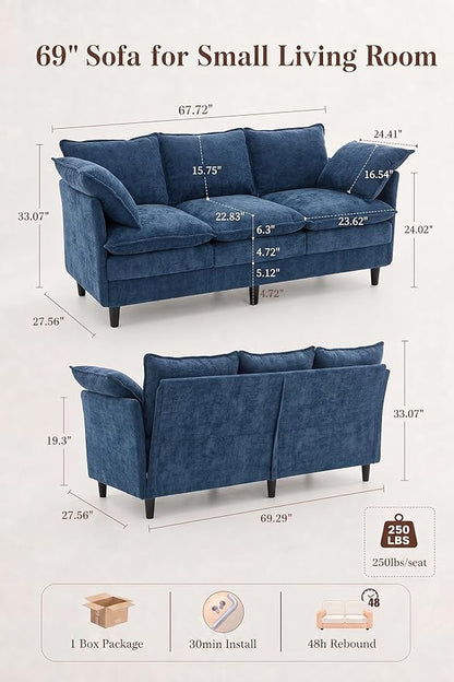 69 Inch Small Sofa, 3-Seater Loveseat Couch with Cloud 2 Layer Cushion, 22.8" Deep Seat, Oversized Pillows, Chenille Fabric, Compact for Small Spaces,Apartment, Living Room, Studio, Office, Blue