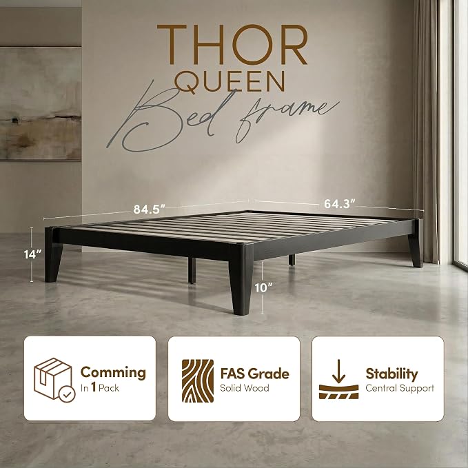 Thor Premium Solid Wood Bed Frame Queen, Japanese Joinery Bed Frame with Wood Slat Support, Platform Bed, No Box Spring Needed, Easy Assembly, Minimalist & Modern Style (Midnight Charcoal)