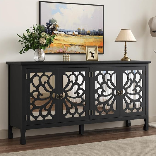 RoyalCraft 63'' Sideboard Buffet Cabinet with Storage, Accent Cabinet Credenza with 4 Doors and Adjustable Shelves, Vintage Media Console for Entryway, Living Room, Kitchen, Satin Black