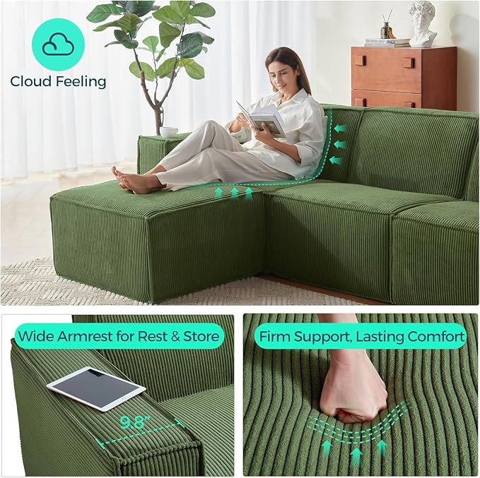 LINSY HOME Modular Sectional Sofa, 105" Boneless Couch U Shaped 3-Seat Sofa with 2 Ottomans, Corduroy Sectional Cloud Couches for Living Room, No Assembly Required(Green)