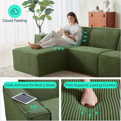 LINSY HOME Modular Sectional Sofa, 105" Boneless Couch U Shaped 3-Seat Sofa with 2 Ottomans, Corduroy Sectional Cloud Couches for Living Room, No Assembly Required(Green)