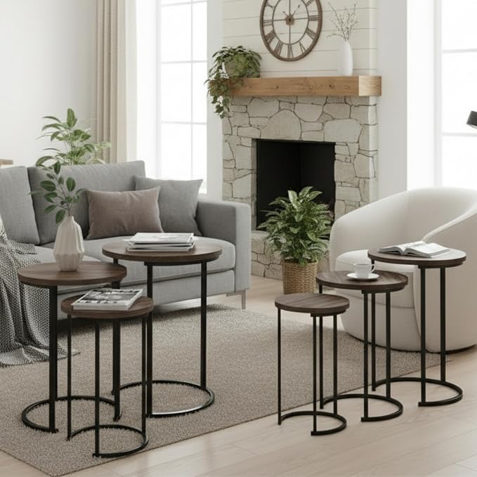 Lavish Home Nesting Tables - Set of 6 Round Side Tables with Woodgrain-Look Tops and Black Metal Frames – Modern Accent & End Table Set for Living Room, Bedroom, or Home Office (Gray/Brown)