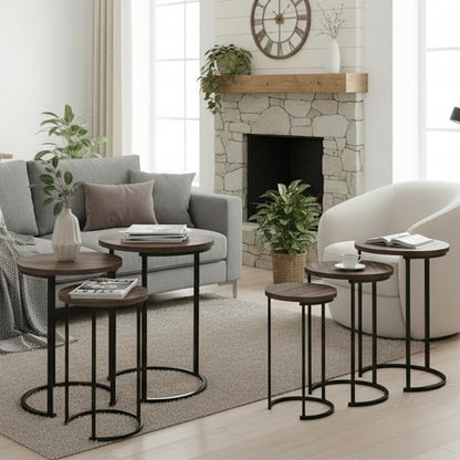 Lavish Home Nesting Tables - Set of 6 Round Side Tables with Woodgrain-Look Tops and Black Metal Frames – Modern Accent & End Table Set for Living Room, Bedroom, or Home Office (Gray/Brown)