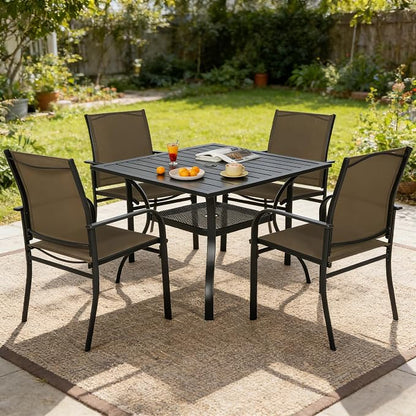 SUNCROWN 5 Pieces Outdoor Dining Set, Patio Furniture Set with 4 x Textilene Dinning Chairs and 1 Steel Slat Metal Bistro Table for Lawn Garden Backyard Deck - Brown