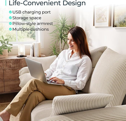 LINSY HOME Sectional Loveseat Sofa with Pull Out Chaise (Beige, 62.5'') | USB Charging