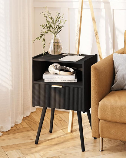 JOONEE Black Nightstand with Outlet,Modern Bedside Table with Storage Drawer and Open Wood Shelf, for Living Room, Bedroom and Small Spaces, Accent Night Stand with Solid Wood Legs, Easy Assembly