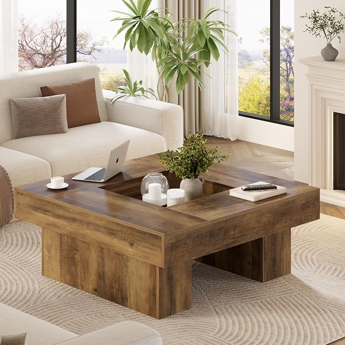 LVB Coffee Table, Modern Wood Led Living Room Table with Storage, Farmhouse Large Square Center Table with LED Light, Unique Wide Low Tea Table for Living Room Home Office, 39.37 Inch, Rustic Oak