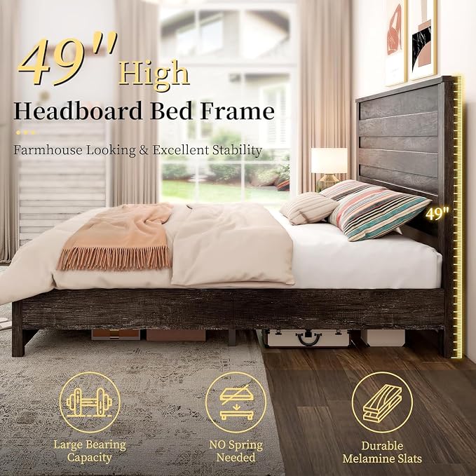 LUXOAK 2 Pcs Bedroom Furniture Sets - Includes 1 X Farmhouse 6 Drawers Dresser, 1X Farmhouse King Size Bed Frame with 49" Tall Headboard, Wooden Platform Bed with Hidden Metal Bed Frame, Rustic Grey