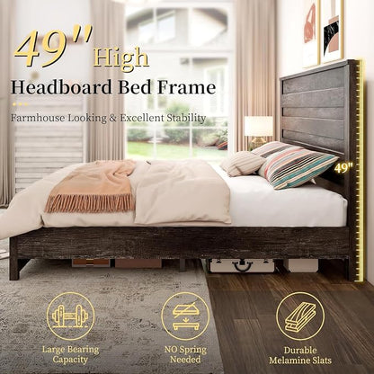 LUXOAK 2 Pcs Bedroom Furniture Sets - Includes 1 X Farmhouse 6 Drawers Dresser, 1X Farmhouse King Size Bed Frame with 49" Tall Headboard, Wooden Platform Bed with Hidden Metal Bed Frame, Rustic Grey