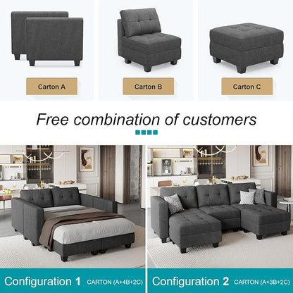 Belffin Reversible Storage Modular U-Shape Sectional Sofa Couch with Double Chaises Modular Sectional Sofa Set with Ottomans Fabric Dark Grey