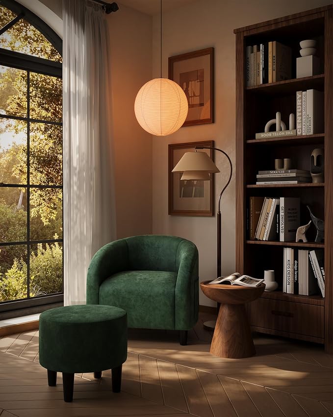 GarveeHome Accent Chair with Ottoman, Velvet Barrel Chair, Luxury Accent Armchair with Footstool for Reading Room Bedroom, Retro Green
