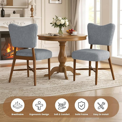 Dining Chairs Set of 6, Linen Upholstered, Solid Wood Legs, Gray | Mid Century Farmhouse, Cross-Brace Reinforced, Padded Cushion, Easy 15-Min Assembly, Kitchen Dining Room