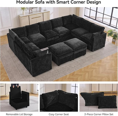 130" Black Oversized Modular Storage Sofa, U Shaped Chenille Cloud Couch | Oversized Convertible Sectional Sofa, 9-Seat Sectional Couch With 2 Ottomans, Large Cloud Couch For Living Room, Apartment.