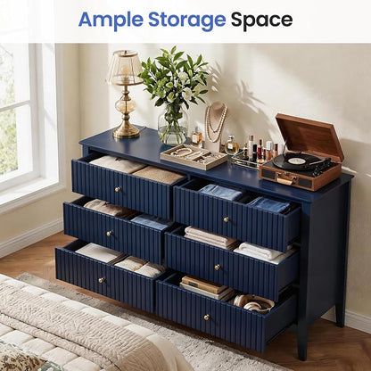 RoyalCraft 6 Drawer Dresser, Fluted Modern Wood Chest of Drawers, Long Dresser for Bedroom TV Stand Storage Cabinet for Living Room, Blue