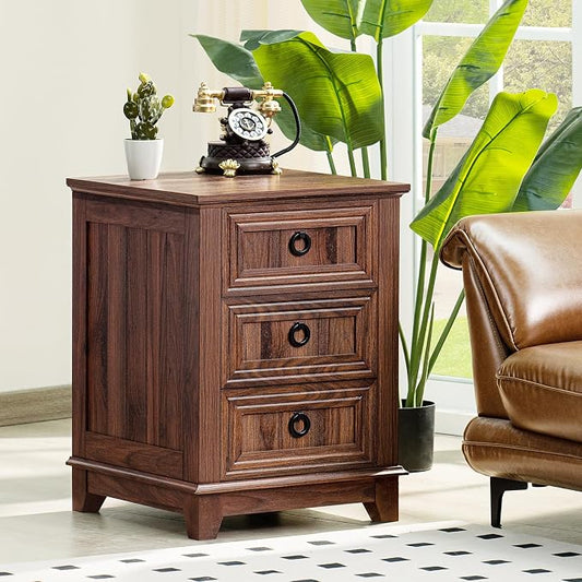 Joaxswe 18" Farmhouse Night Stand with 3 Drawers, Wood End Table Dresser for Bedroom, Retro Nightstand, Bed Side Table with Metal Handle, Bedside Cabinet for Bedroom Living Room, Closet